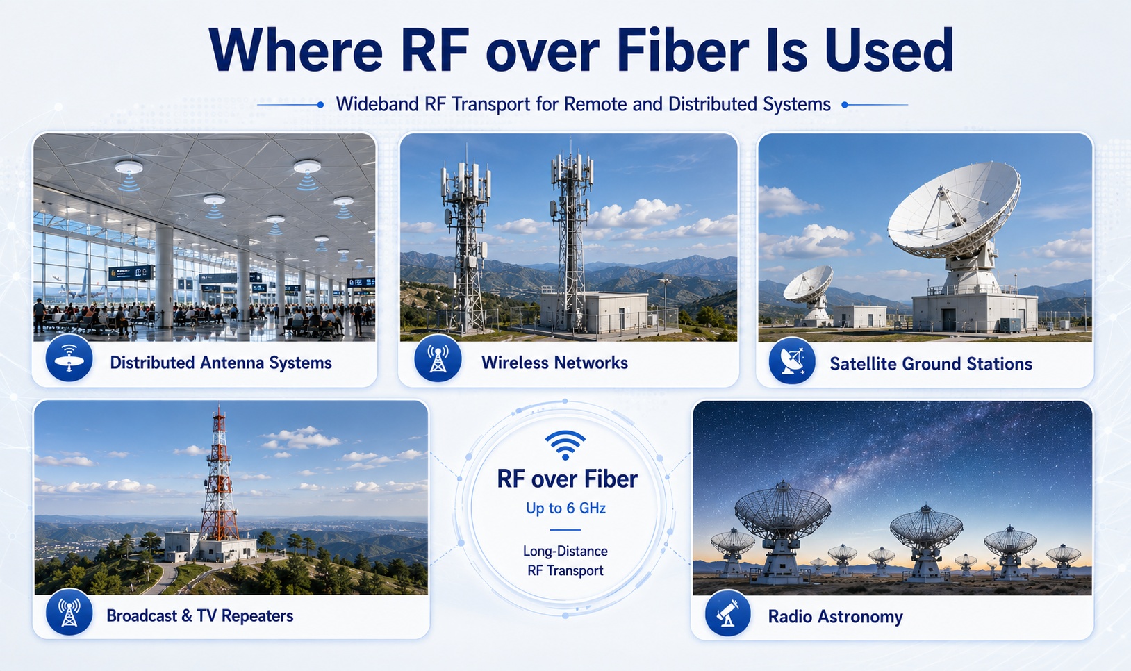 RF over Fiber (RFoF) applications for long-distance RF signal transport up to 6 GHz, including distributed antenna systems (DAS), wireless networks, satellite ground stations, broadcast and TV repeaters, and radio astronomy observatories.