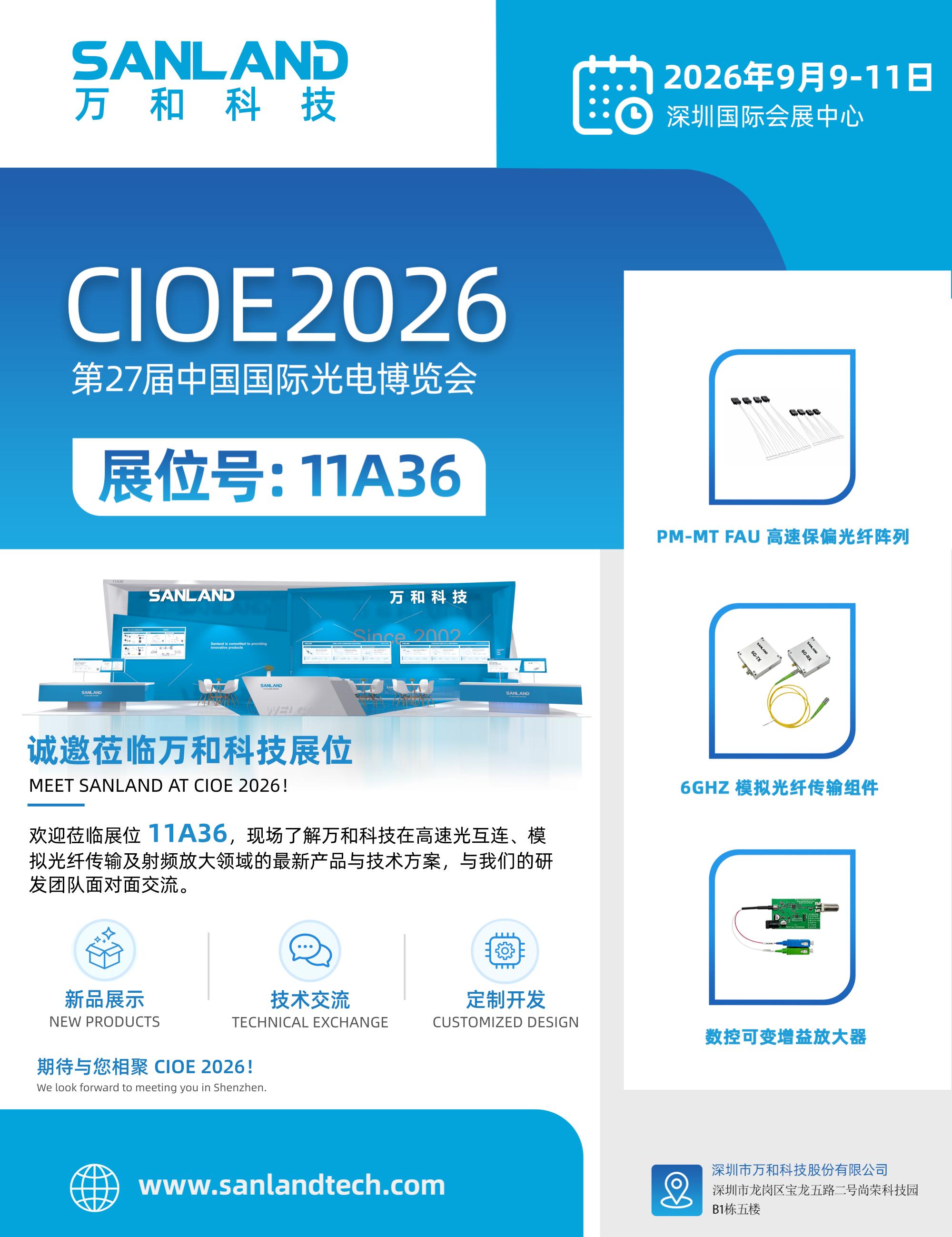 万和科技 CIOE 2026 中国国际光电博览会参展海报。展会于2026年9月9日至11日在深圳国际会展中心举行，万和科技展位号11A36。海报展示展台效果图及PM-MT FAU高速保偏光纤阵列、6GHz模拟光纤传输组件、数控可变增益放大器等产品，邀请观众现场交流高速光互连、模拟光纤传输及射频放大技术方案。