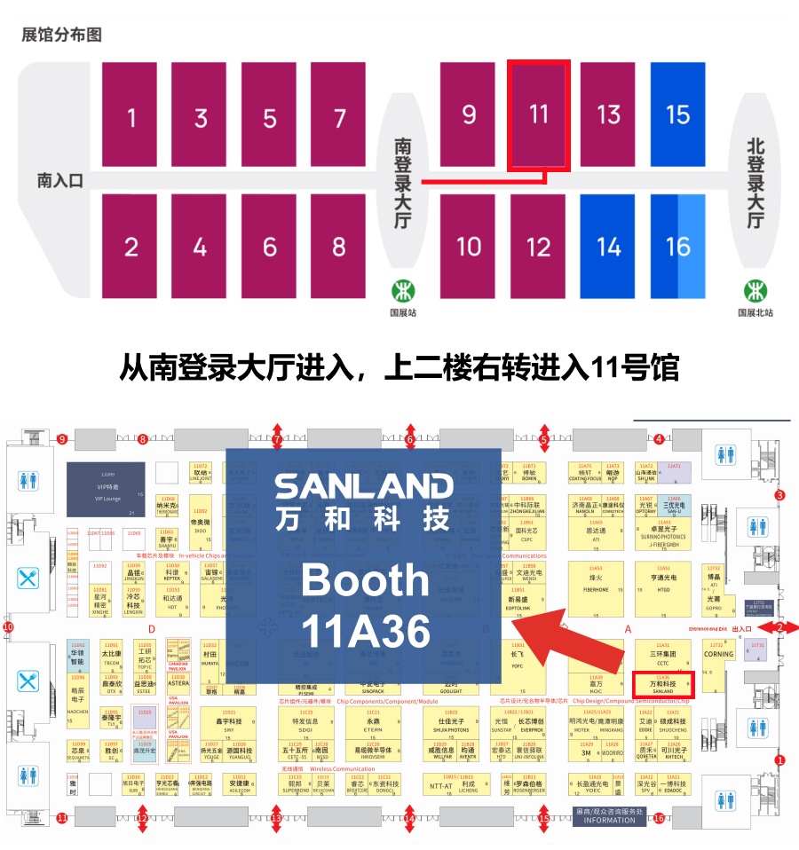 万和科技 CIOE 2026 展位指引图，展示深圳国际会展中心展馆分布及11号馆展位平面图，标注万和科技展位号11A36。观众可从南登录大厅进入，上二楼后右转前往11号馆，并按照馆内指引抵达万和科技展位。