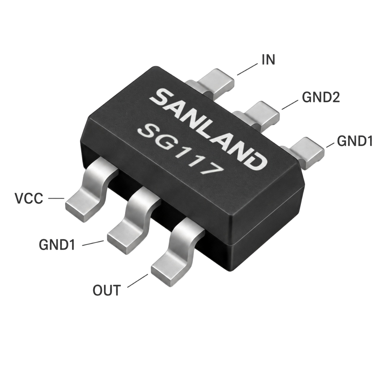 SG117 SOT-363 RF gain block amplifier pin assignment showing VCC, RF input, RF output/VCC and ground pins