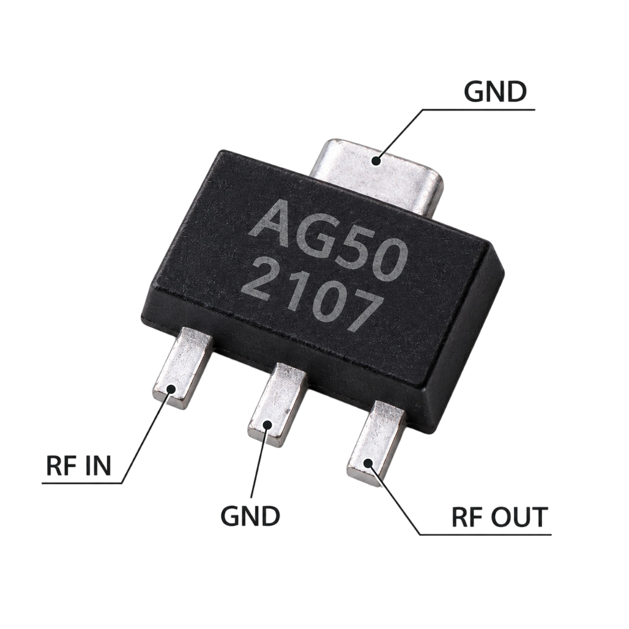AG50 SOT-89 RF Gain Block Pin Assignment &ndash; RF IN, GND and RF OUT